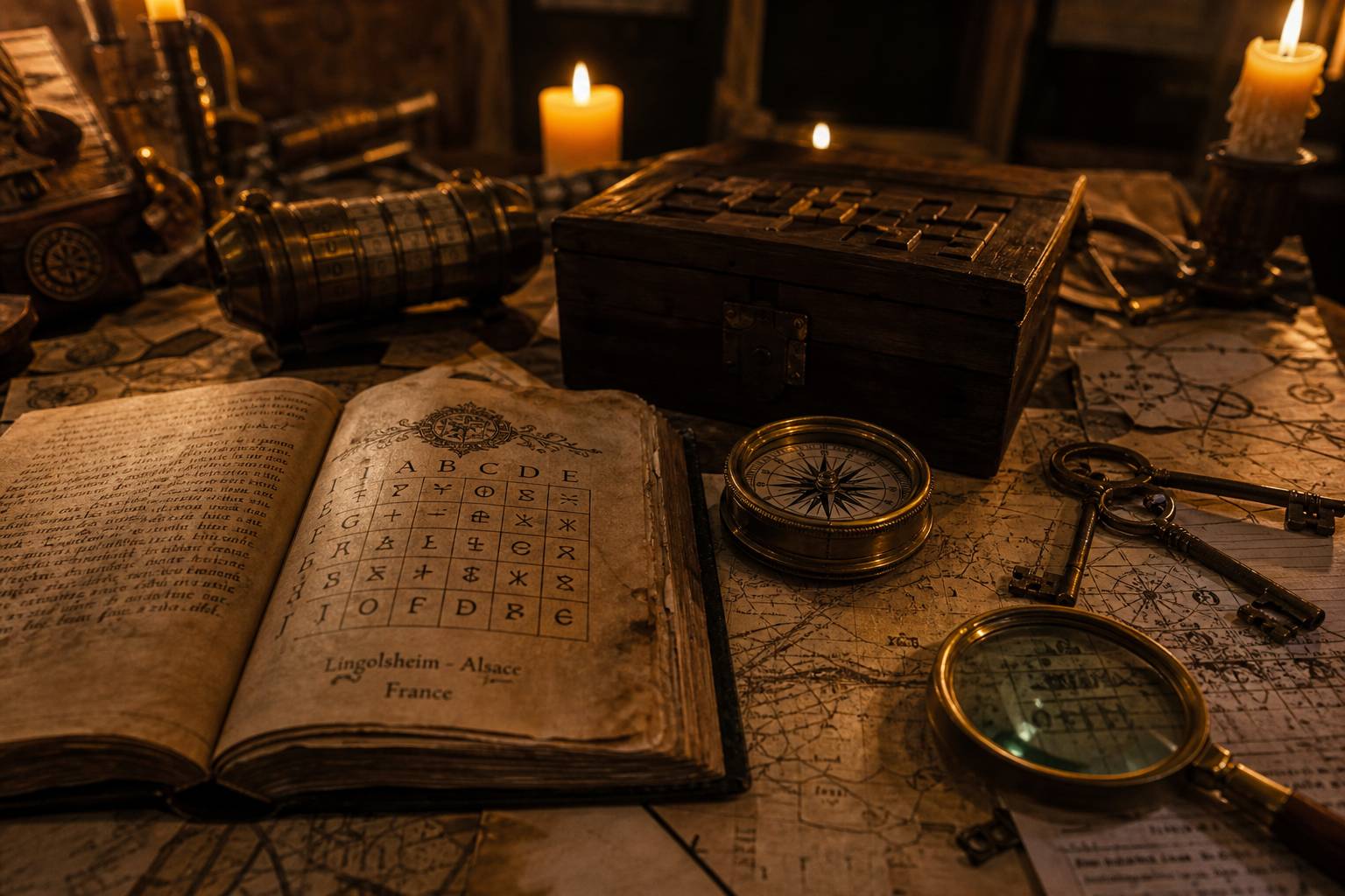 Table de puzzle d'escape game avec cartes anciennes et objets mystérieux à Lingolsheim