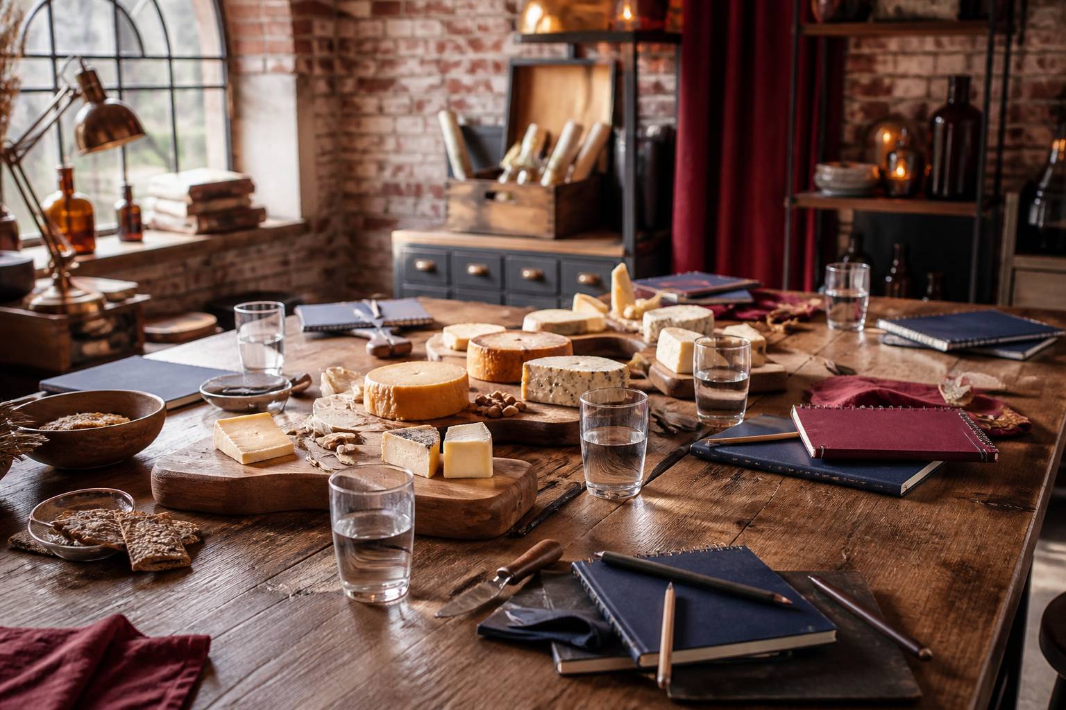 Table d'atelier de degustation avec portions de fromage et verres d'eau
