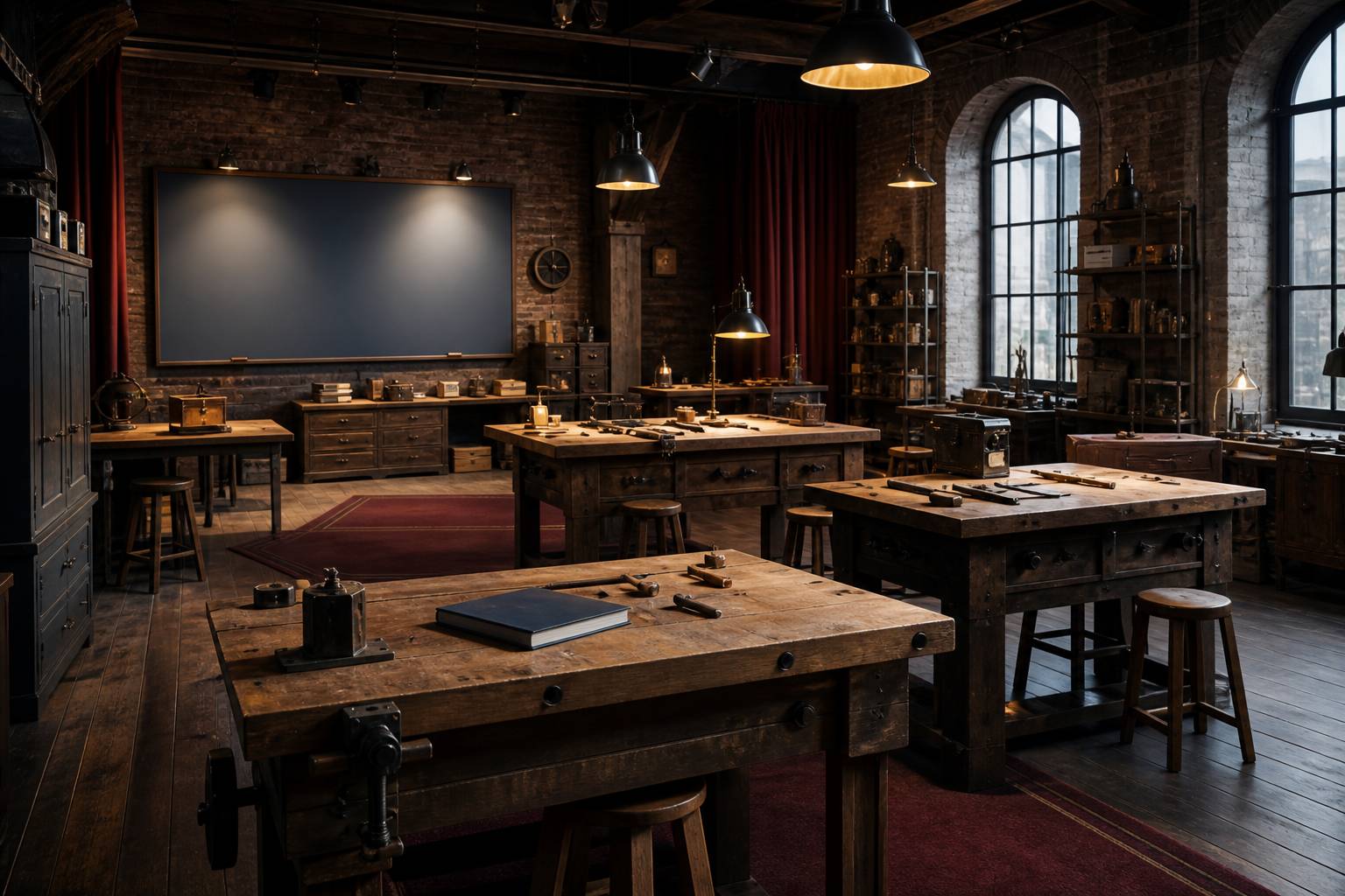 Salle d'atelier avec des postes de travail et du materiel de formation