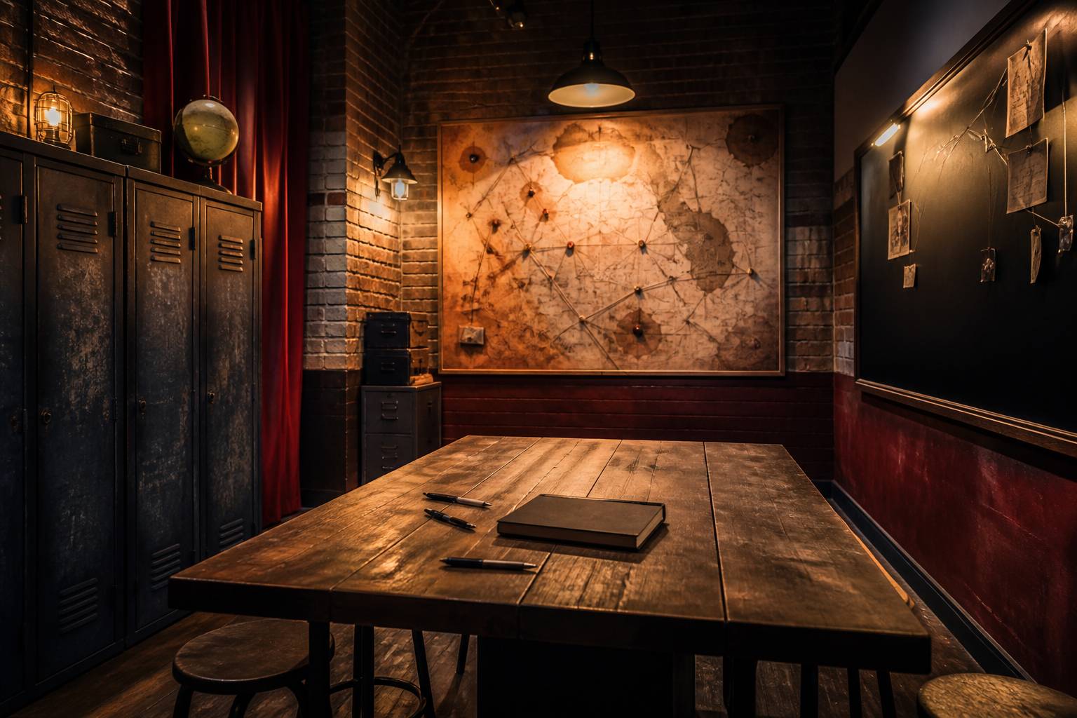 Salle de briefing avec casiers, carte accrochee et table de preparation