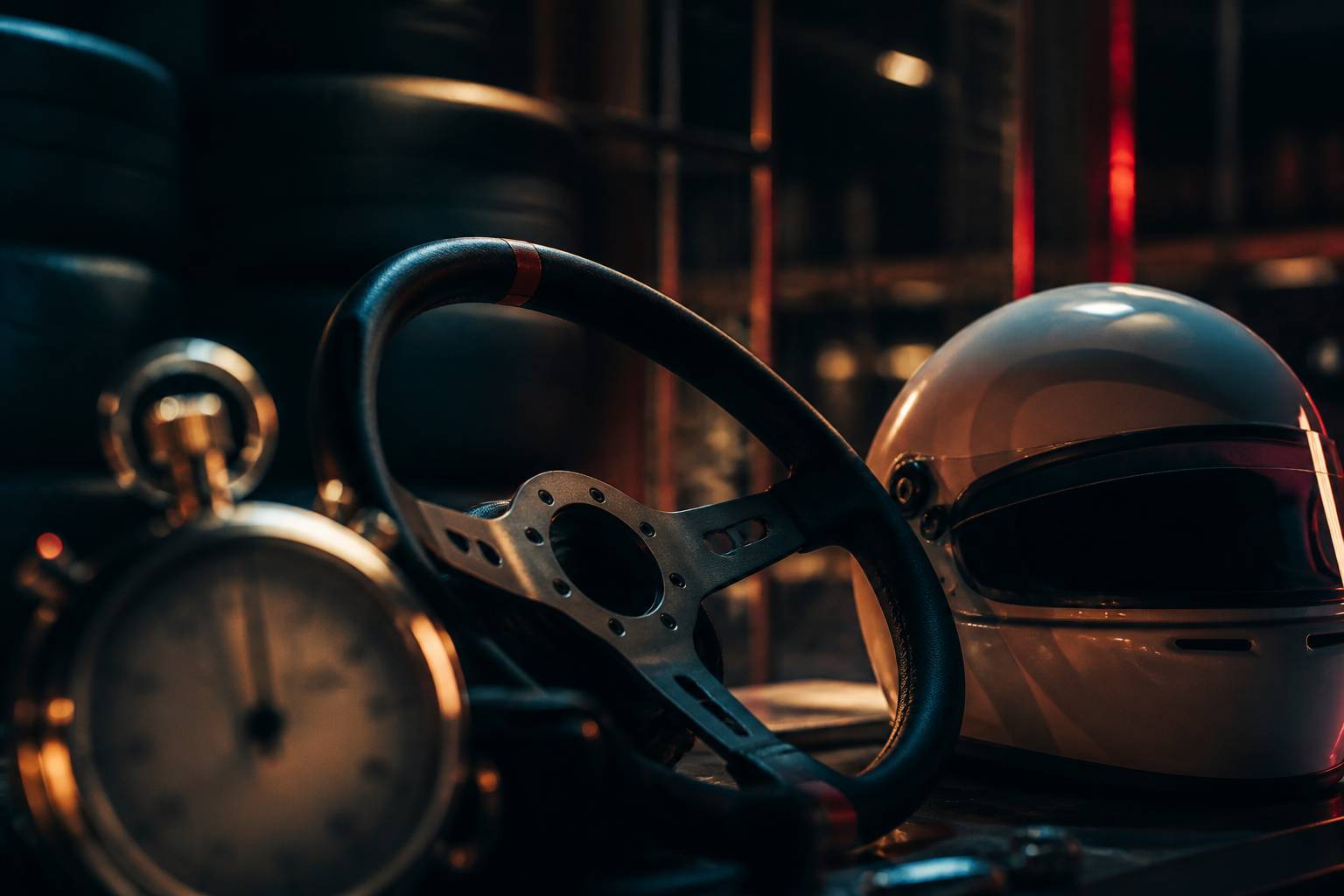 Casque et volant de course avec chronomètre flou