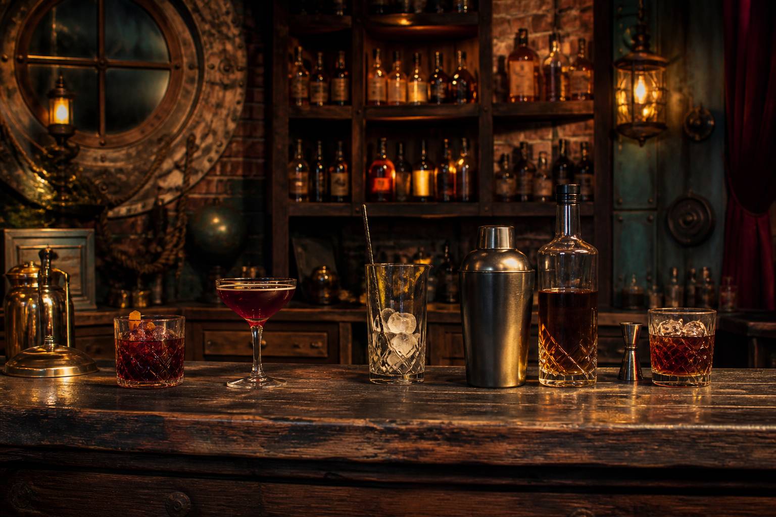 Comptoir de bar clandestin avec des verres et une bouteille sous une lumiere tamisee