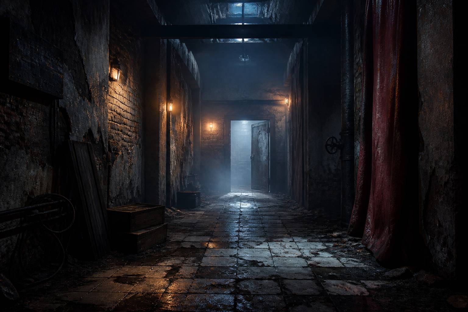 Couloir de bâtiment abandonné à la porte métallique entrouverte