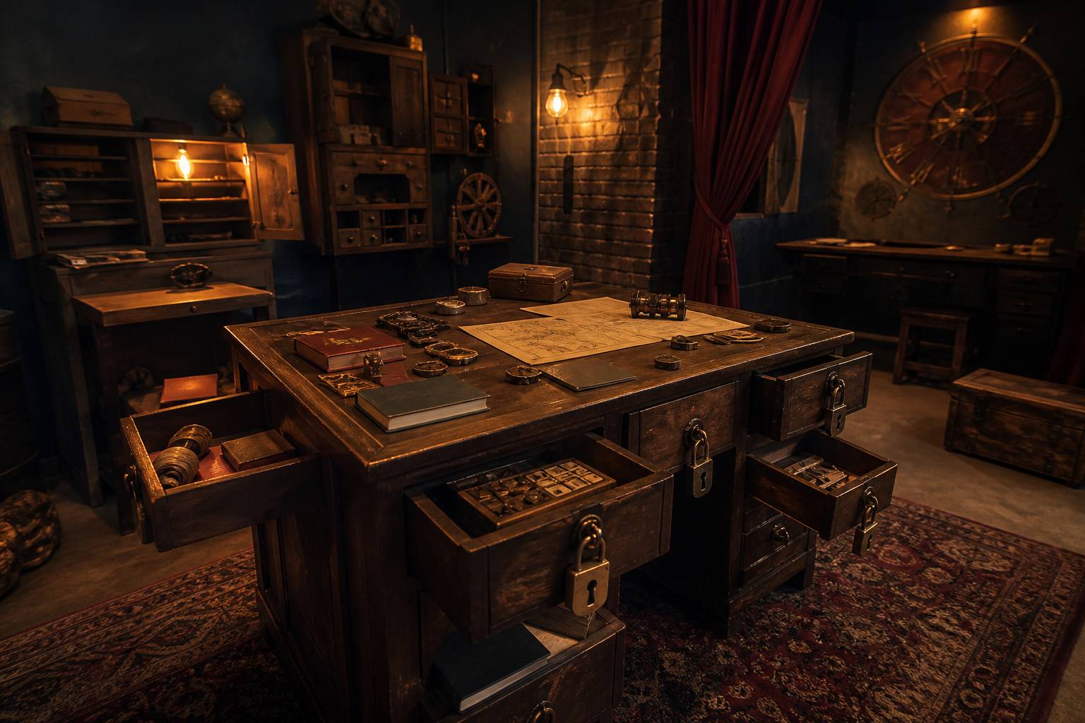 Mecanismes d'enigme avec cadenas et objets a fouiller dans une salle de jeu