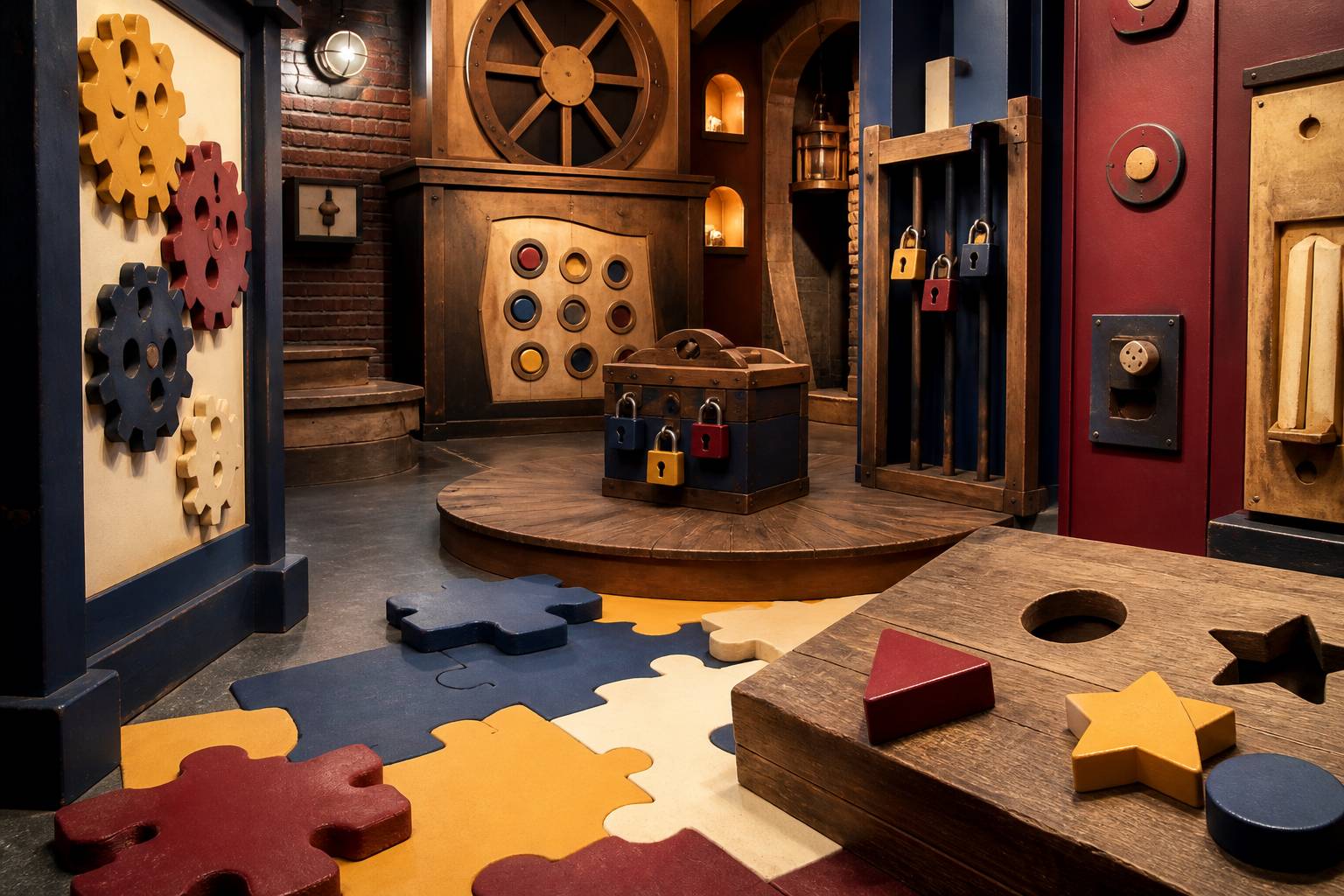 Coin escape game enfantin avec puzzles geants et verrous colories