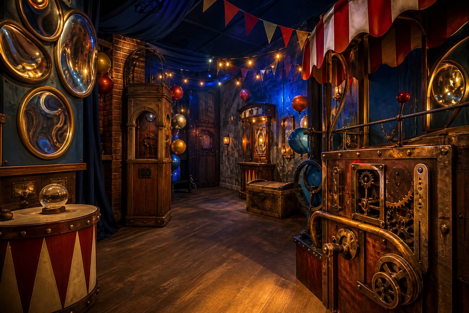 Salle d'escape game déjantée au décor coloré de fête foraine