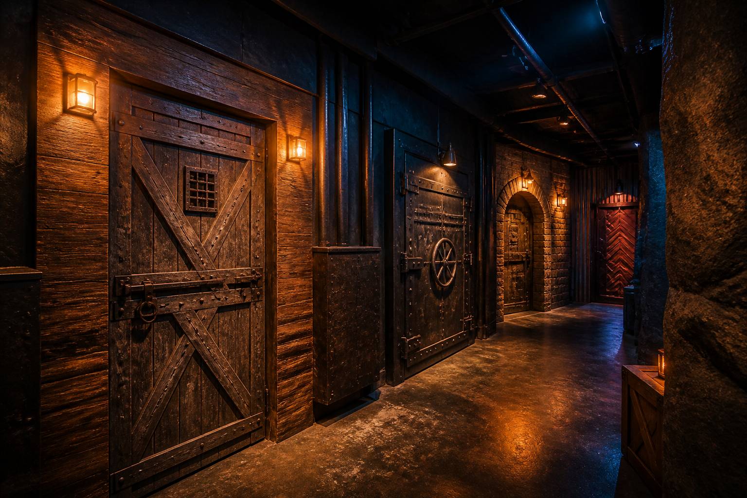 Couloir d'escape game avec plusieurs portes thematiques en bois et metal