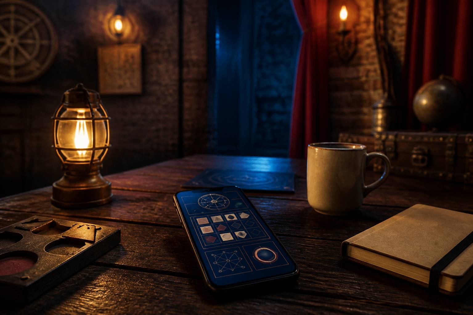 Smartphone pose sur une table avec une interface de jeu d'enigmes sans texte lisible