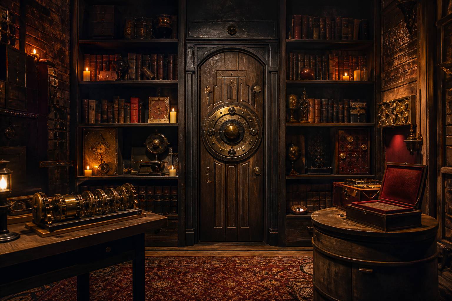 Porte en bois massif avec cadran dans une salle d'escape game