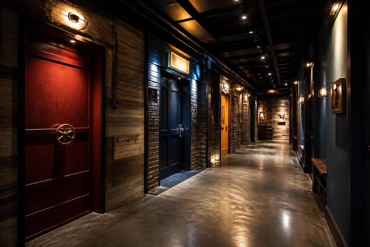 Corridor moderne d'escape game avec des portes colorees numerotees