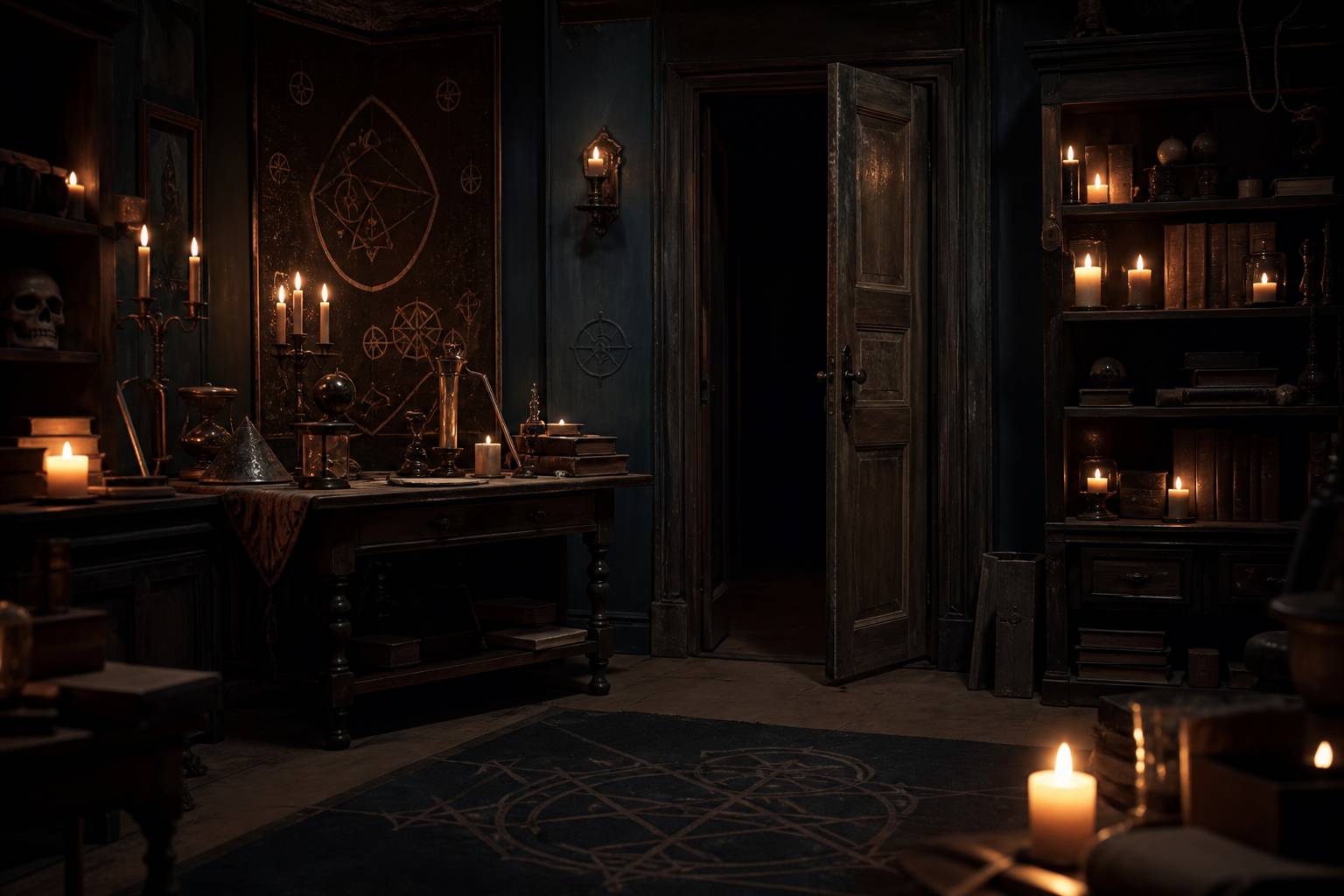 Salle d'escape game horrifique avec bougies et vieux objets