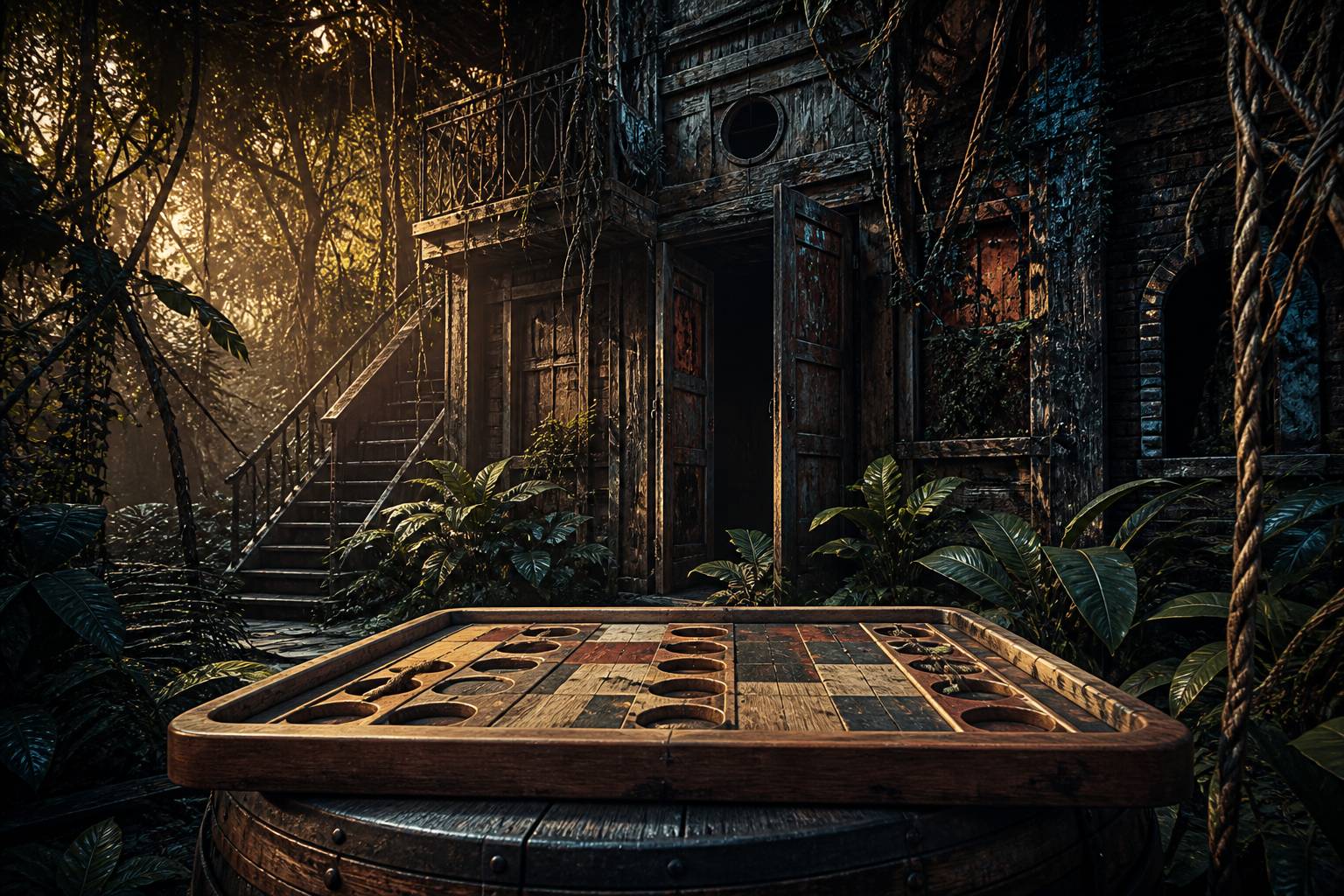 Maison abandonnee envahie par la vegetation de jungle avec un plateau de jeu mysterieux