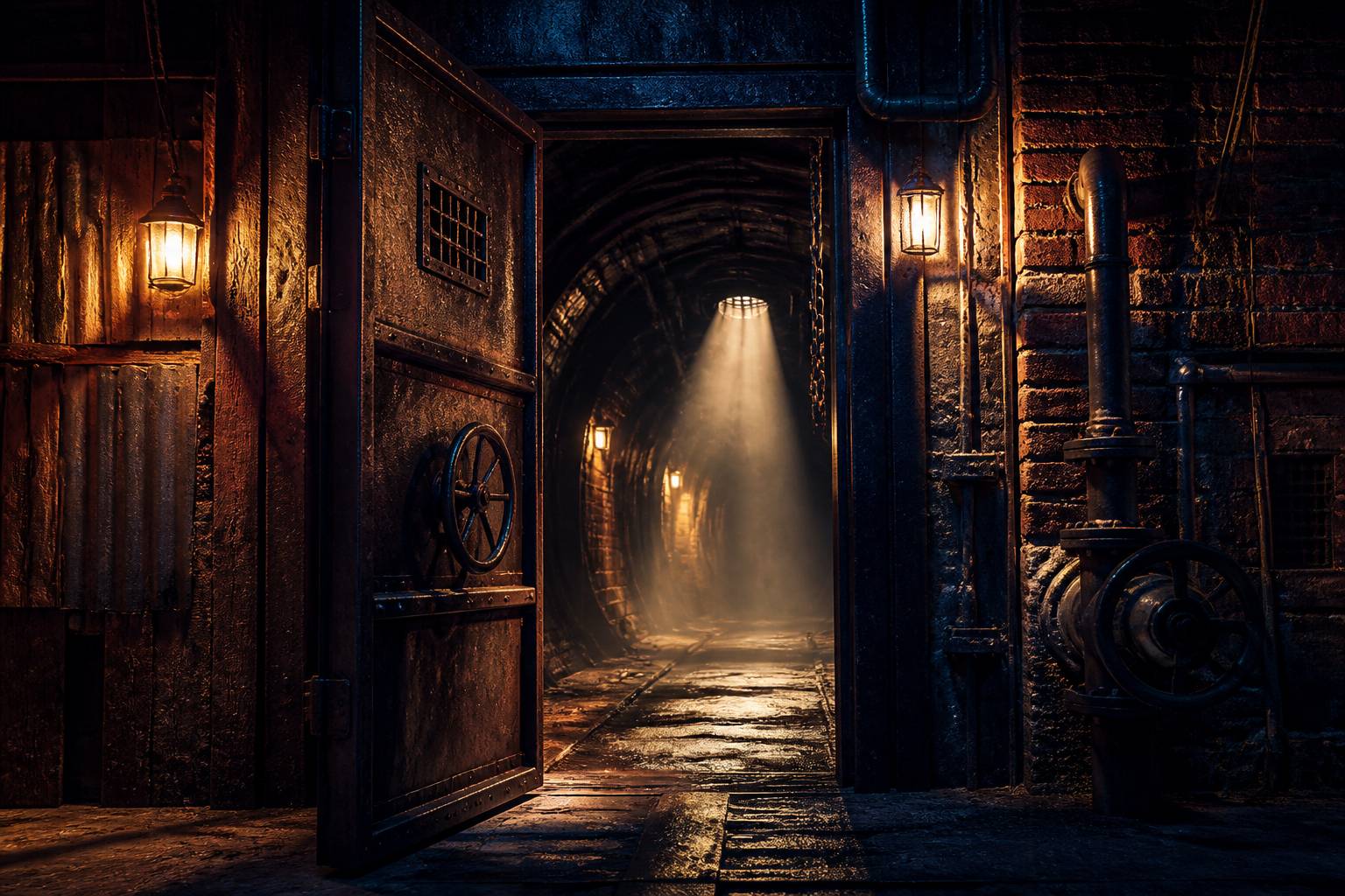 Decor d'evasion fictif avec une porte metallique et un tunnel sombre