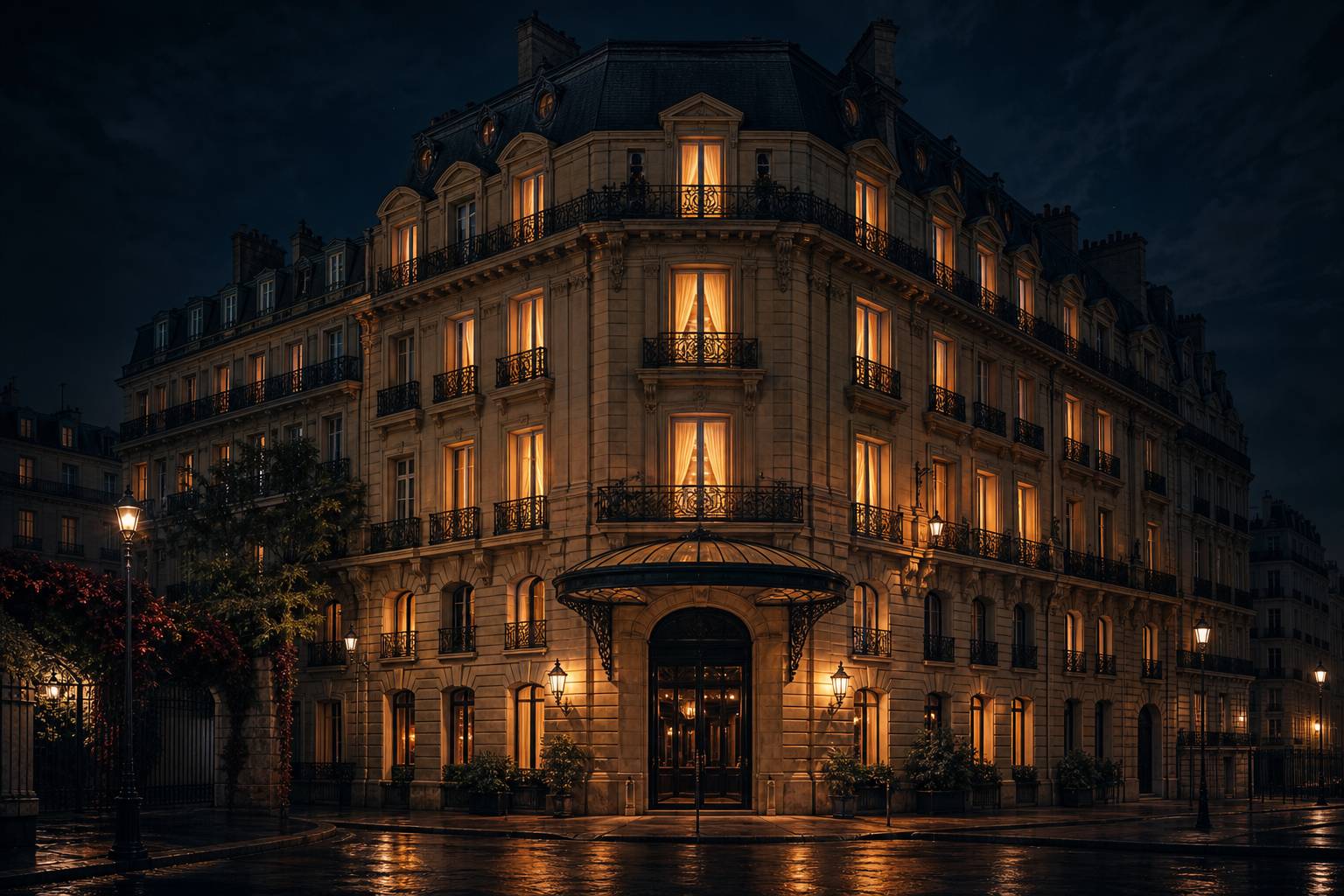 Façade haussmannienne élégante d'un grand hôtel parisien