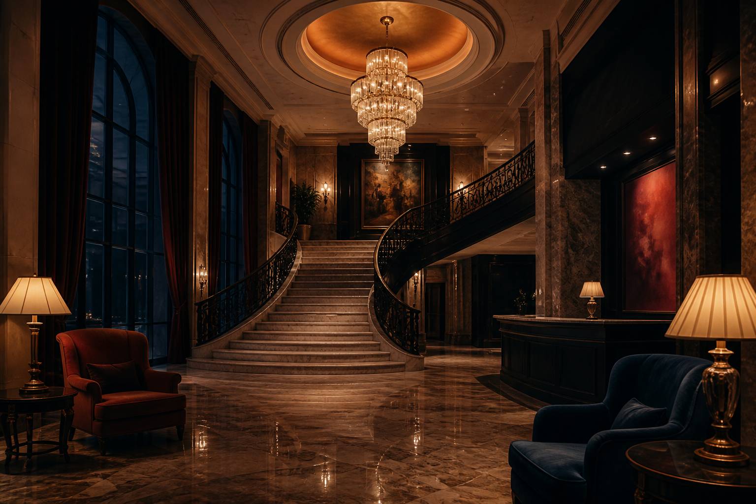 Hall d'hôtel luxueux avec escalier en marbre et lustre