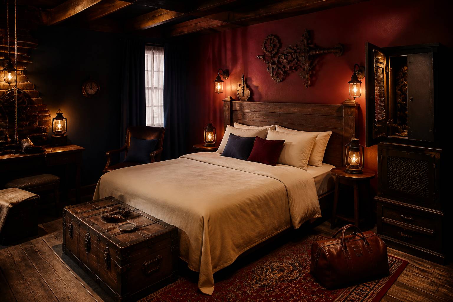 Chambre d'hotel elegante amenagee en escape room avec panneau mural discret