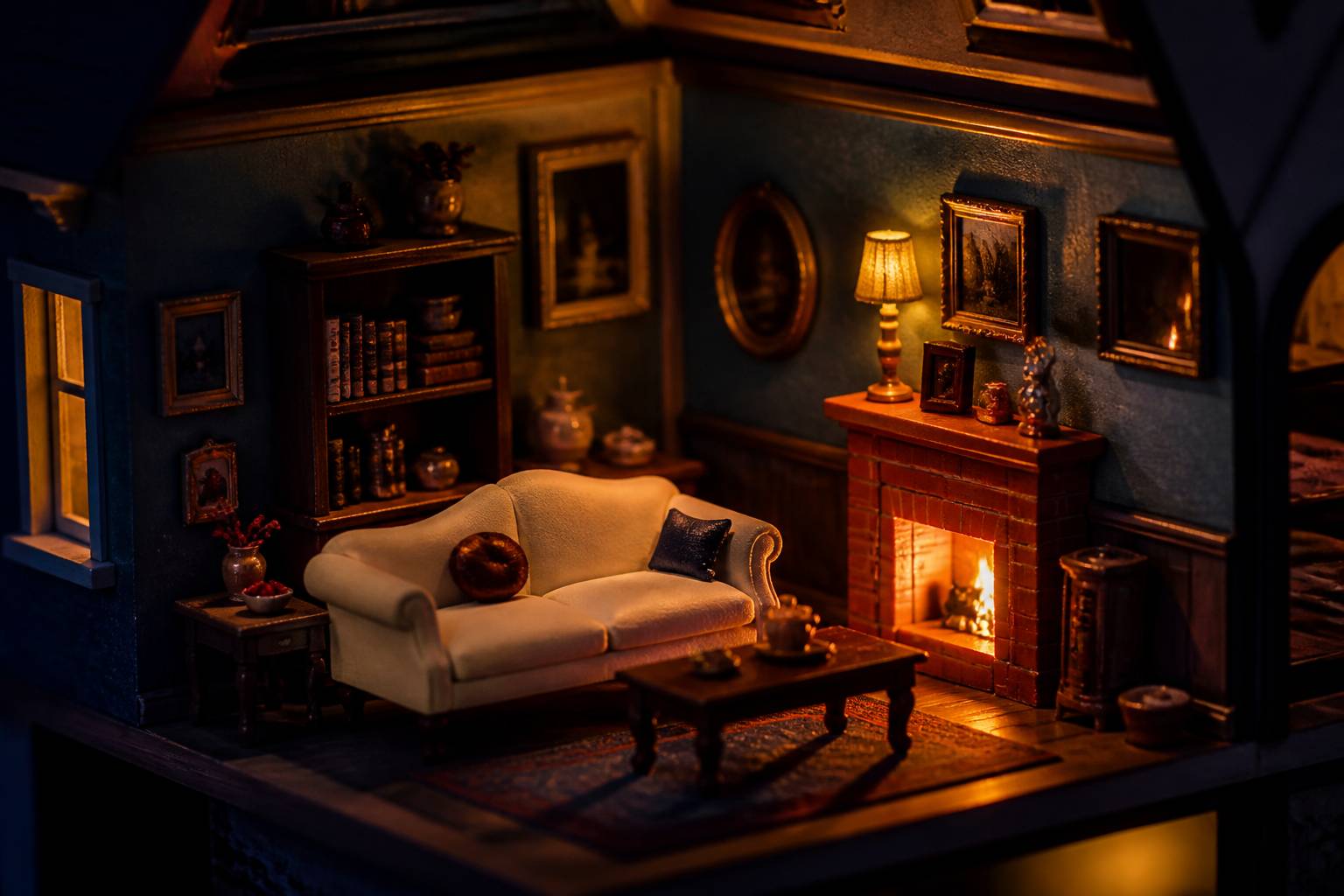 Salon miniature avec cheminée dans une maison de poupées