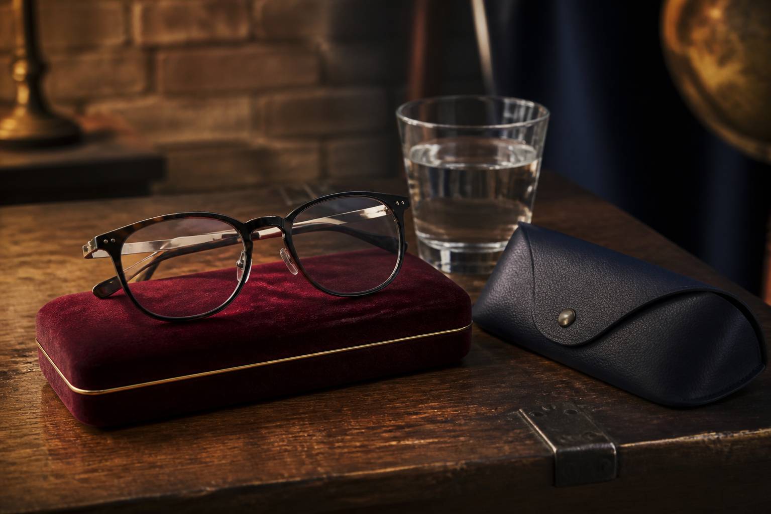 Monture de lunettes posee sur un ecrin de velours avec un etui en cuir