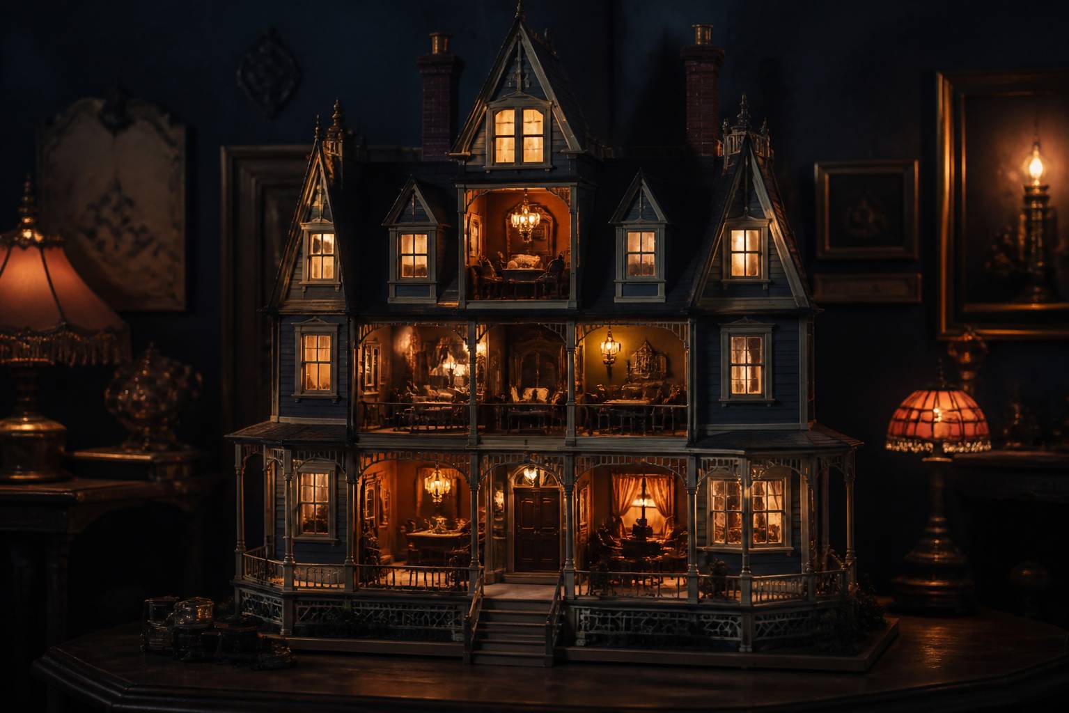 Maison de poupées victorienne miniature avec lumières chaudes