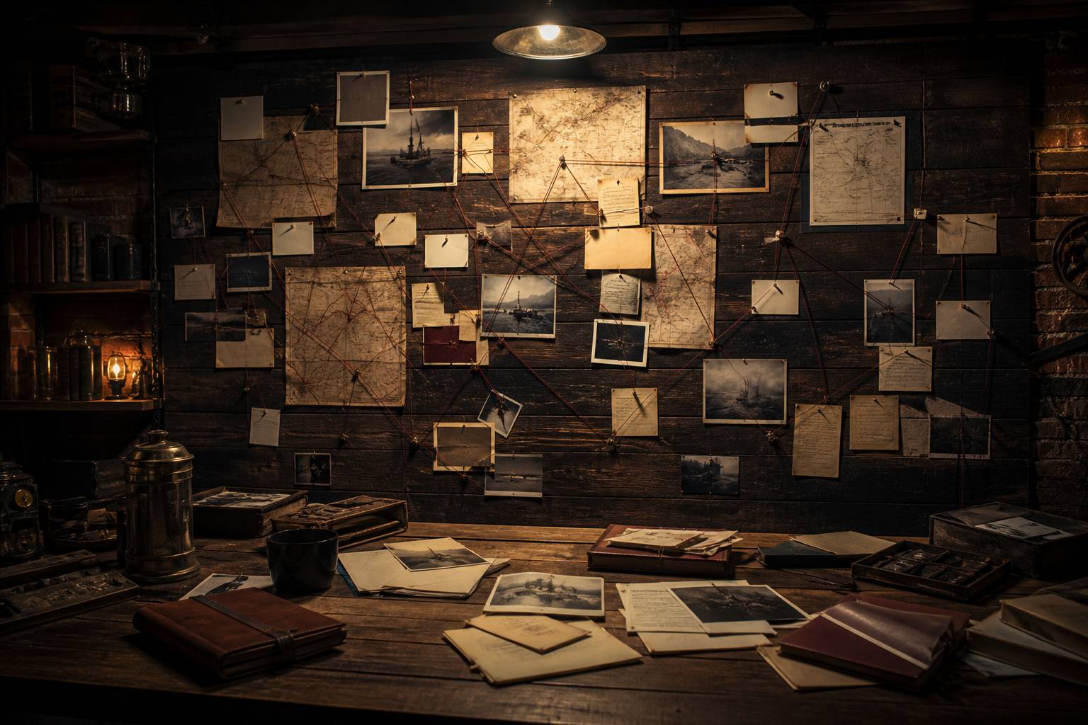 Mur d'enquete avec photos floues, ficelles et notes epinglees