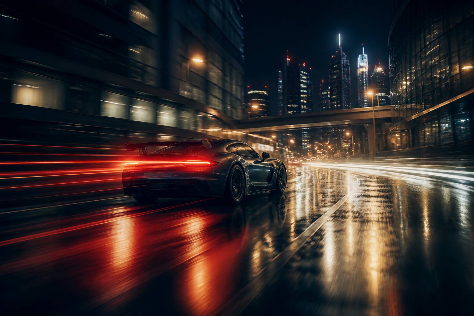 Voiture de course générique filant dans une ville la nuit
