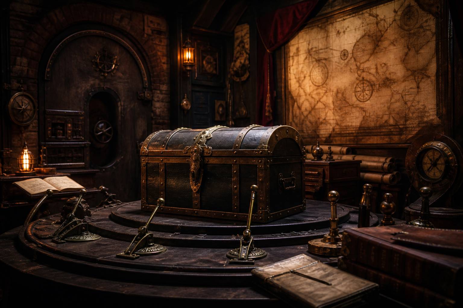 Salle d'escape game avec des mecanismes, leviers et un coffre ancien