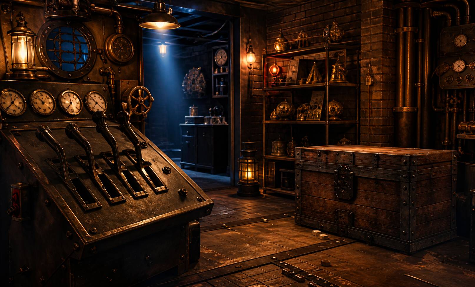 Salle de jeu d'evasion avec leviers, cadrans et caisse en bois