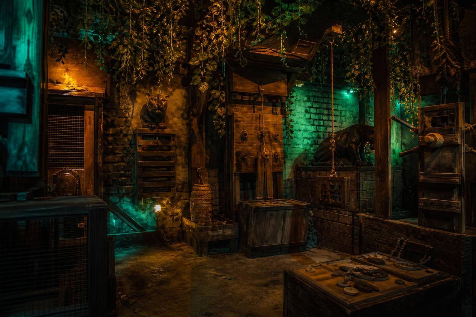 Salle de jeu jungle avec lianes, mecanismes en bois et figurines d'animaux