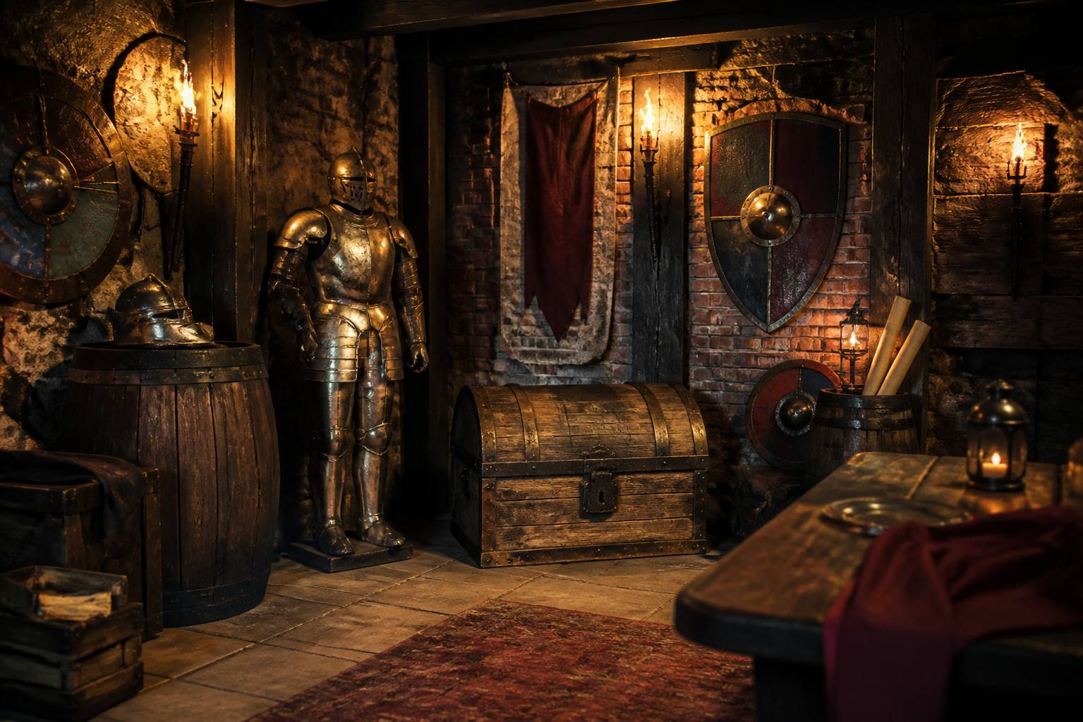Salle a thème medieval avec armure, coffre et boucliers pour une enigme