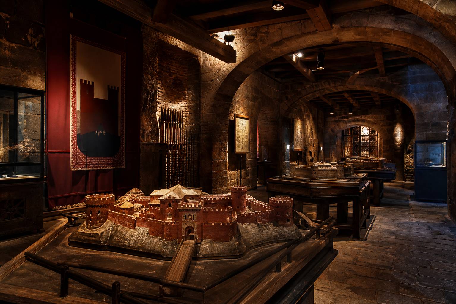 Salle d'exposition dans une fortification avec maquettes et panneaux