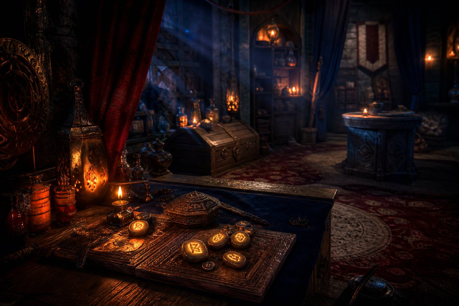 Salle de jeu immersive sur le thème de la sorcellerie avec runes et chandelles