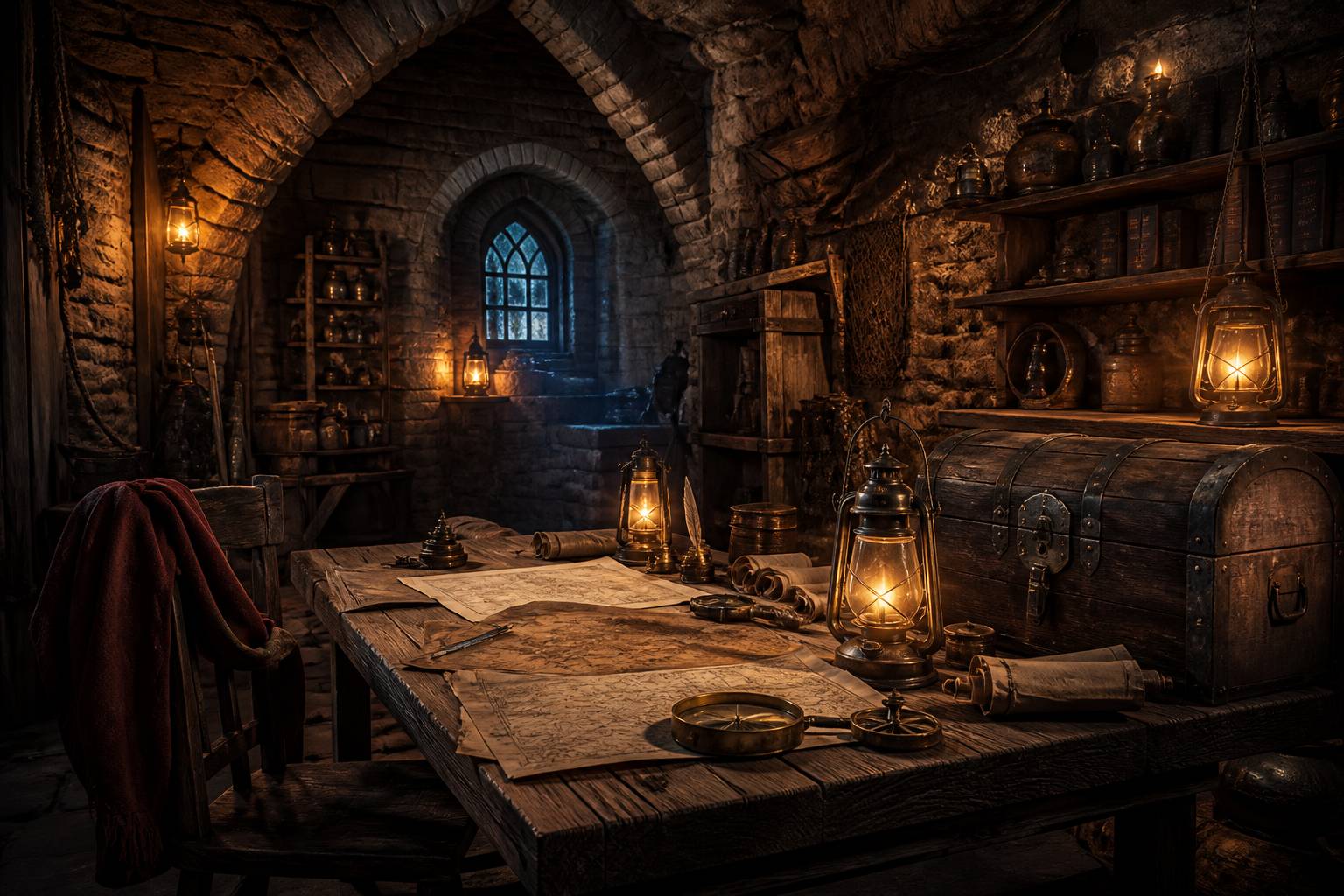 Salle voûtee dans un fort avec cartes anciennes, coffre et lanternes