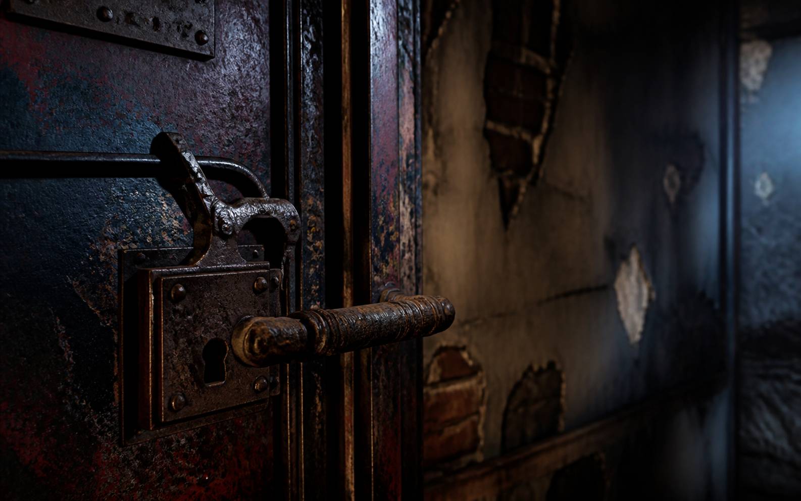 Serrure rouillée d'une porte métallique dans un décor de suspense