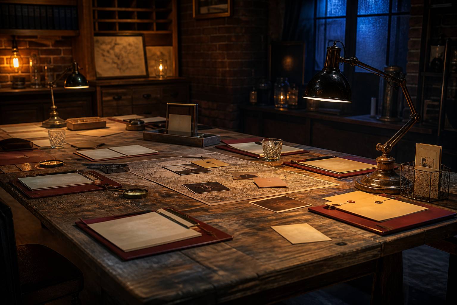 Table de soiree jeu preparee avec dossiers, fiches et lampes pour une enquete en equipe