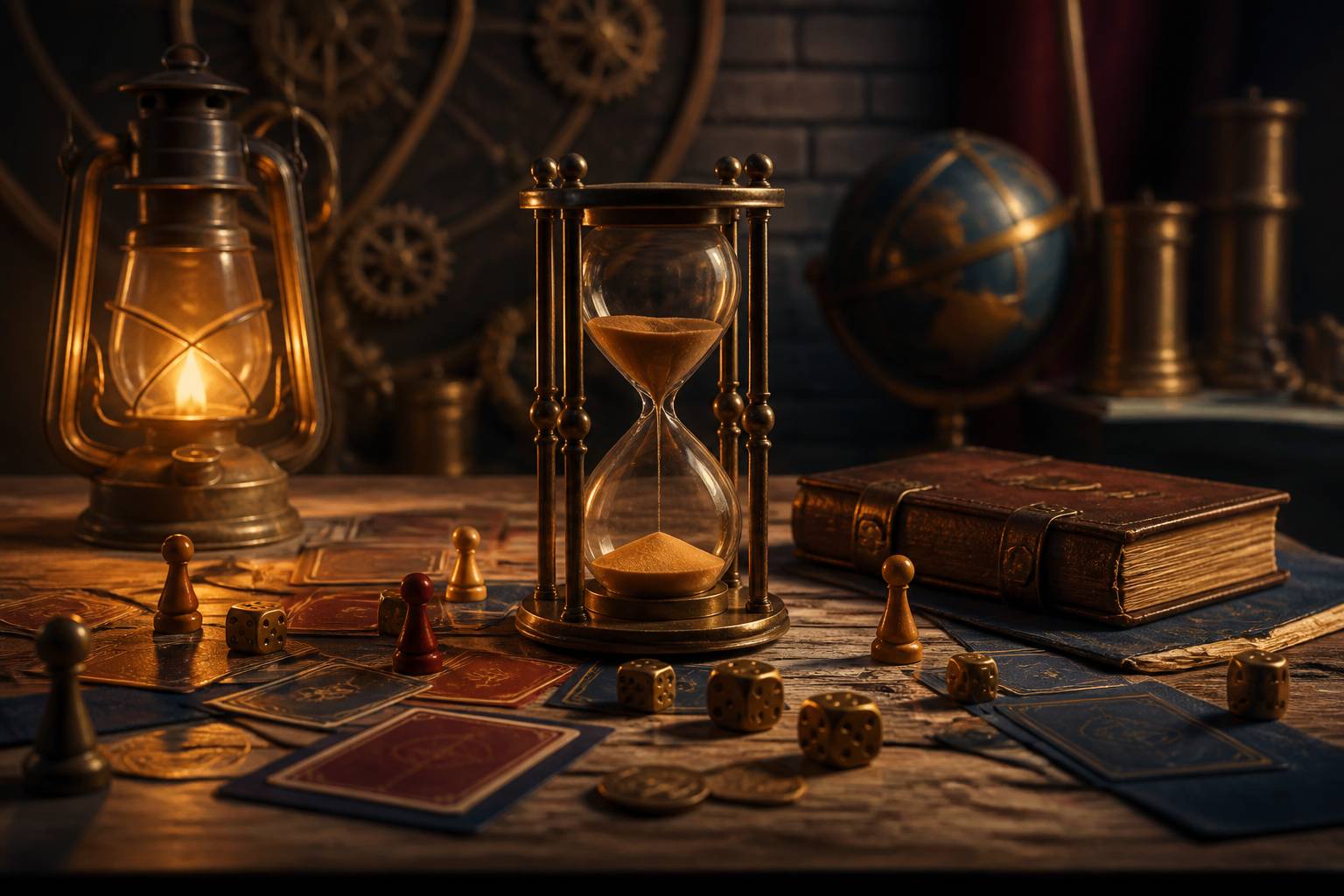 Table de soiree jeux sur le thème du temps avec sablier, cartes et des