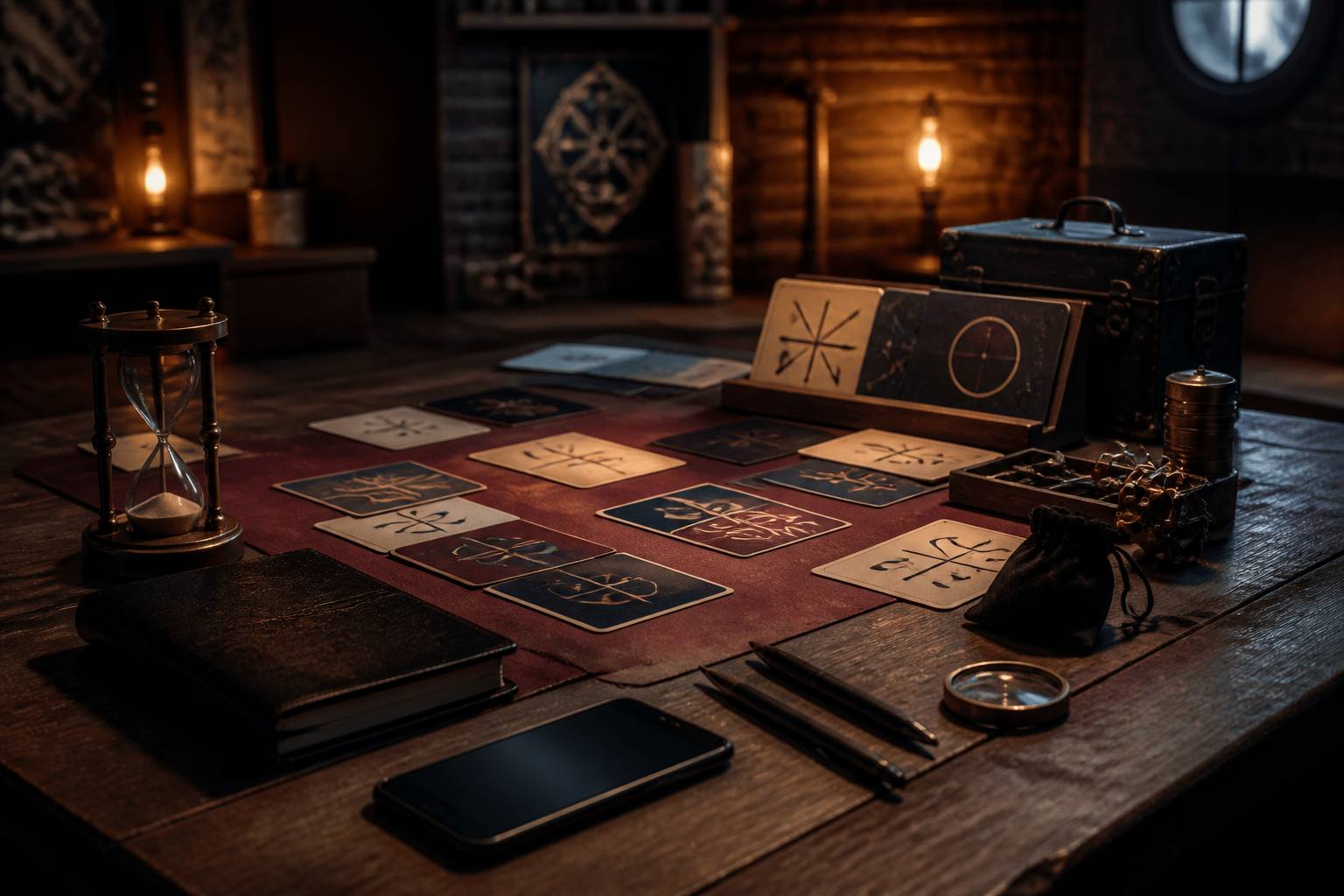 Table de jeu avec minuteur, carnet de notes et smartphone pour resoudre des enigmes