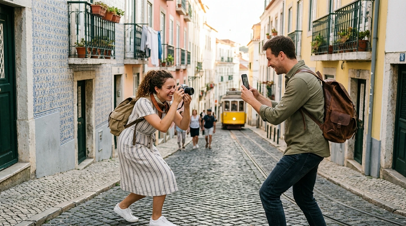 Couple prenant des photos en ville